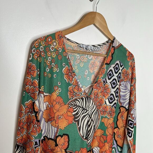 Zara Long Sleeve Maxi Coverup Womens L Tropical Sheer Pool Beach Resort - Picture 2 of 7